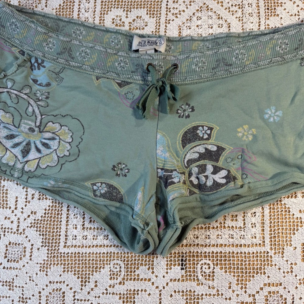 Old Navy VTG Sage Green Floral Paisley Cotton Micro Mini Lounge Shorts Sz L Y2K - Picture 2 of 11